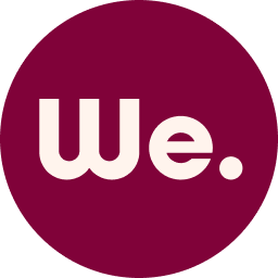 We. Communications logo, white letters "We." on a solid plum circular background.